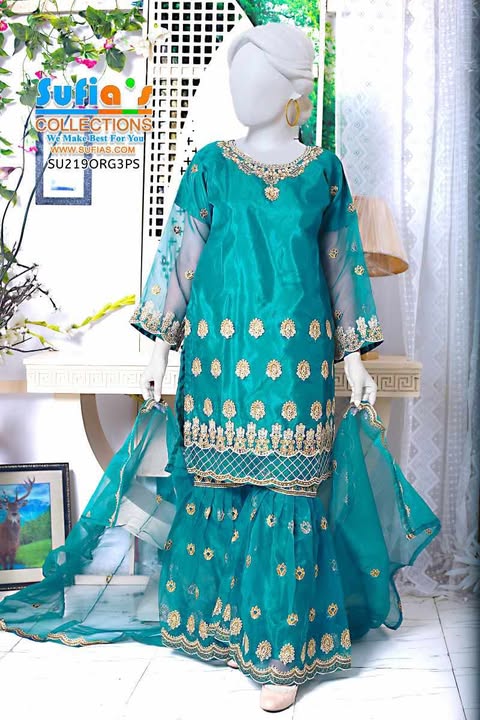 Exquisite Sea Green Chiffon stitched 3-Piece Dress with Golden Embroidery – Medium Size