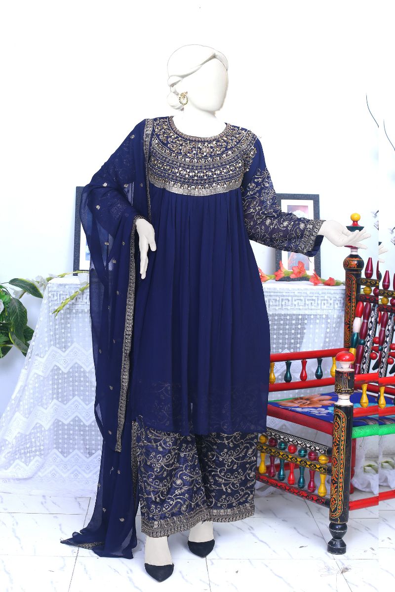 Elegant Navy Blue Chiffon 3-Piece Dress with Silver Embroidery