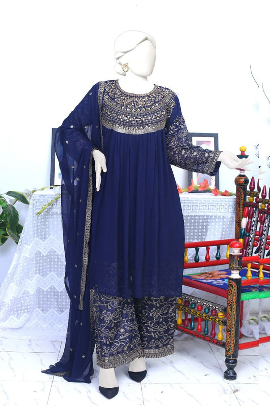 Elegant Navy Blue Chiffon 3-Piece Dress with Silver Embroidery