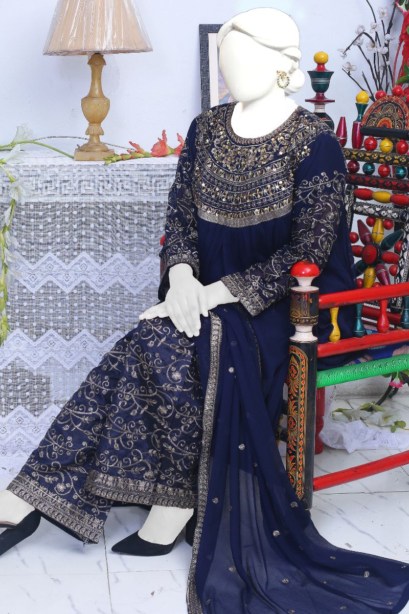 Elegant Navy Blue Chiffon 3-Piece Dress with Silver Embroidery
