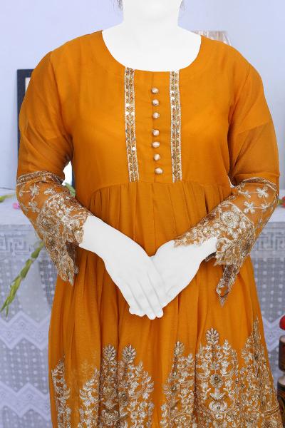 Elegant Orange Chiffon stitched 3-Piece Dress with Golden Embroidery – Medium Size
