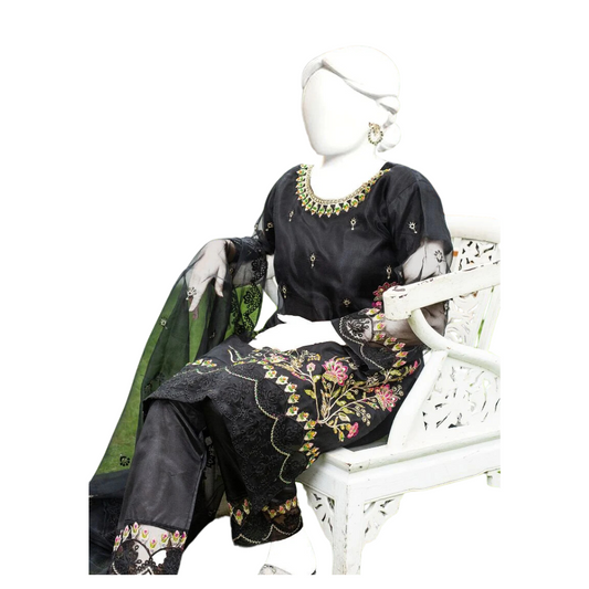 Elegant Black Chiffon 3-Piece Dress with Vibrant Multi-Color Embroidery