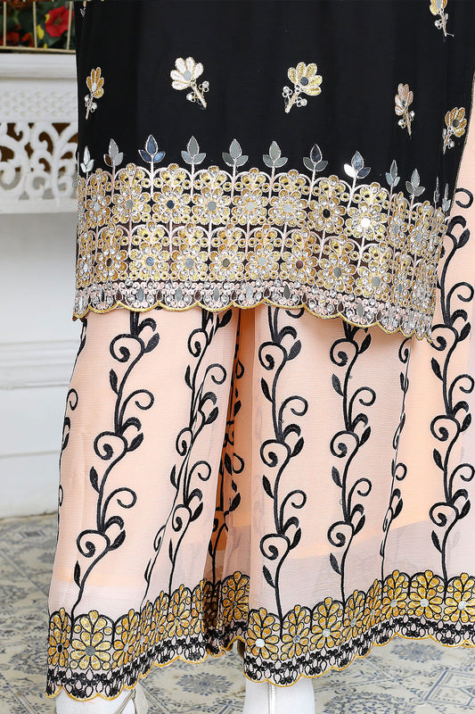 Elegant Light Pink and Black Chiffon 3-Piece Dress with Black and Light Pink Embroidery – Medium Size