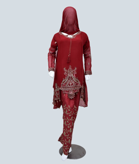 Elegant Maroon Chiffon Dress with Silver Embroidery: A Perfect Blend of Grace and Glamour