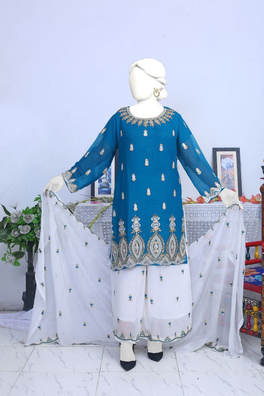 Elegant Blue and White Chiffon Dress with Intricate Blue Embroidery