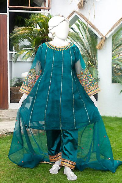 Elegant Sea Green Chiffon 3-Piece Dress with Multi-Color Embroidery – Medium Size